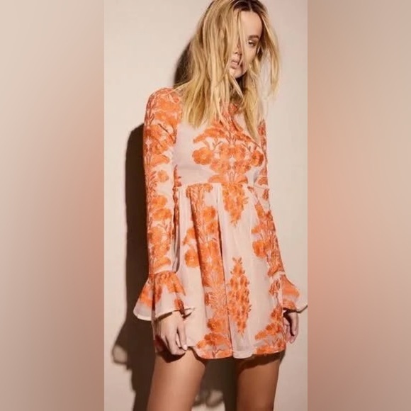 For Love & Lemons x Free People Temecula Long Sleeve Orange Floral Mini Dress XS - Picture 1 of 11